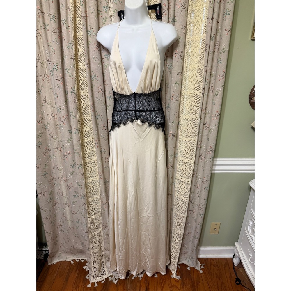 MESHKI Dinah Ivory Black Lace Satin Halter Maxi Dress Size S